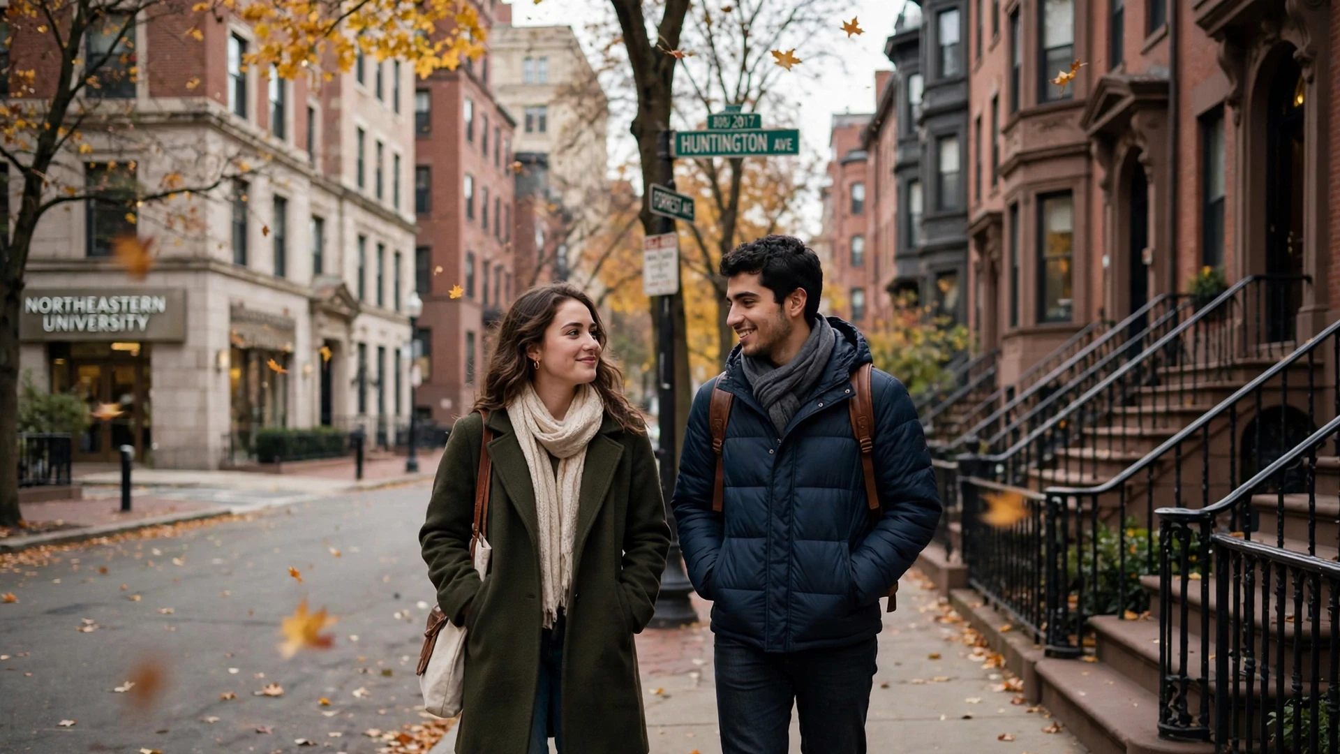Sample view of an autumn Boston brownstone street near Northeastern University