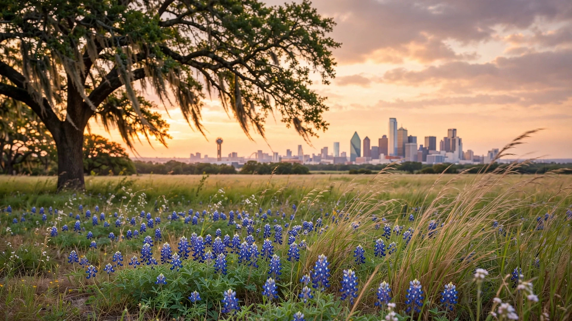 Sample view of the Dallas skyline beyond Texas bluebonnets at sunset