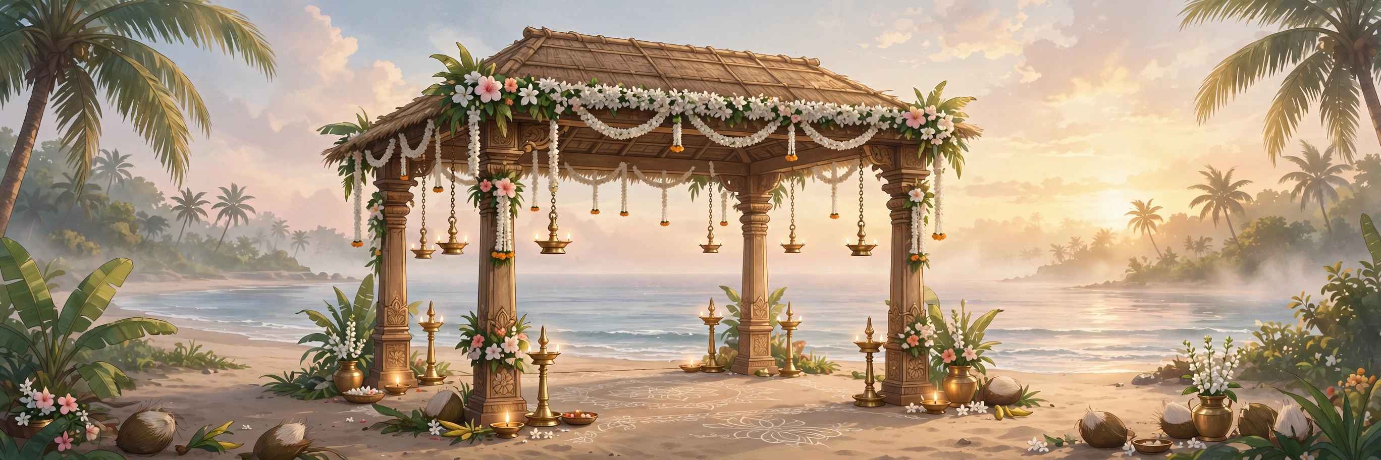 Sample view of a flower-adorned Kerala wedding mandap beside the sea at sunrise